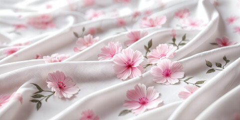 A close-up of a fabric with pink flowers and green leaves, creating a floral pattern on the surface.