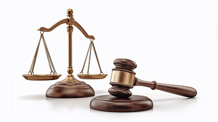 gavel, and justice scale on white background, judge, attorney, law, justice - obrazy, fototapety, plakaty