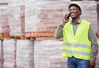 African man, construction worker and phone call with smile, helmet or contact for material in...