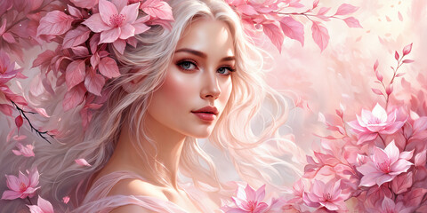 A woman with long, flowing blonde hair adorned with pink flowers. She has pale skin and striking blue eyes. The background consists of more pink flowers, creating a soft, dreamy atmosphere.