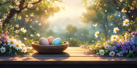 A serene outdoor setting with a wooden bench, flowers, and Easter eggs.