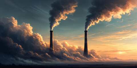 A dramatic scene of two towering smokestacks belching smoke against the backdrop of a cloudy sky and a setting sun, creating a stark contrast between industry and nature.