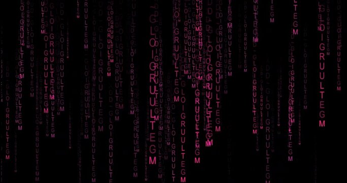 Rain of symbols on black background. Raining code effect animation. Background with glowing digits as source code for encryption and digitally virus for software data in cyberspace technology secure
