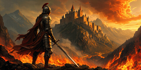 A knight standing on a rocky outcropping, gazing at a castle perched on a mountain range under a dramatic sky.