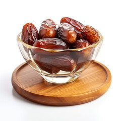 Bowl of dried dates on white wooden background with space for text. From top view