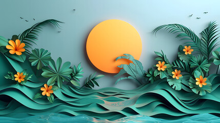 Fototapeta na wymiar Paper cut 3d summer illustration with sun and bright background with copy space, very detailed and realistic