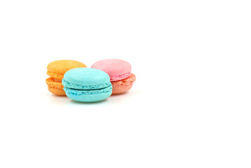 Sweet colorful macarons isolated on white background. Tasty colourful macaroons.