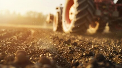 Closeup of tractor and planter in farm field planting corn or soybeans seed in dry, dusty soil during spring season