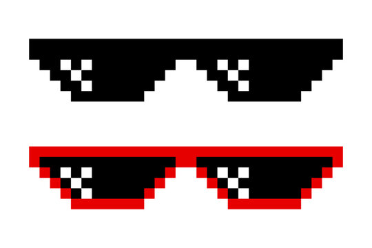 Pixelated Sunglasses Set. Pixel Boss Glasses, 8 bit Style. Meme Game 8-bit Sunglasses Design Template, Isolated