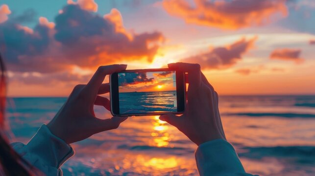 Close-up of a woman's hands with a phone taking photos of a bright sunset and the sea.