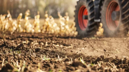 Fotobehang Closeup of tractor and planter in farm field planting corn or soybeans seed in dry, dusty soil during spring season © Shami