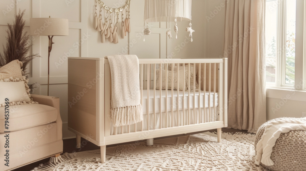 Poster a nursery with a modern crib in a soft beige color complemented by a muted tone mobile hanging above