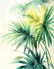 Watercolor illustration background with tropical palm leaves.	