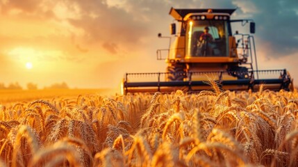 Combine harvester harvests ripe wheat. Ripe ears of gold field on the sunset cloudy orange sky background. . Concept of a rich harvest. - obrazy, fototapety, plakaty