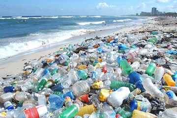 Polluted Beach With Abundant Plastic Bottles