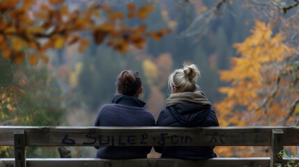 Two friends sit on a bench facing away from the camera deep in conversation with only the serene sounds of the forest to keep them . .