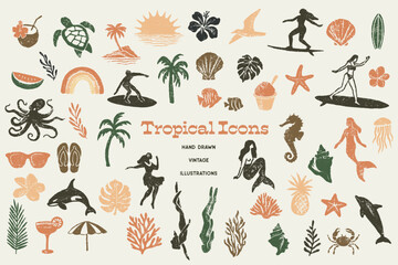Tropical Illustrations Vintage Icon Sheet