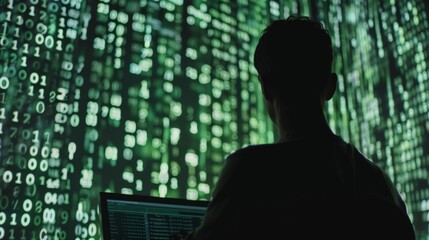 A person sitting in front of a computer scrolling through a neverending stream of data and information collected for national security purposes. . - obrazy, fototapety, plakaty