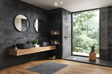 Contemporary modern bathroom interior in dark black colors and concrete elements.
