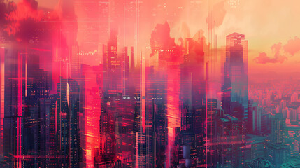 Futuristic cityscape with skyscrapers, beautiful and shining, showing the latest technology of the digital metropolis, very detailed. image for digital abstract background