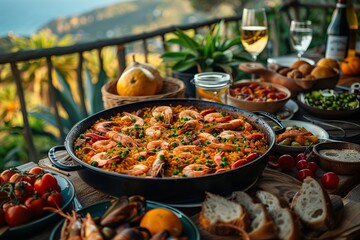 Table set with plates of food and a pan of paella, along with wine glasses