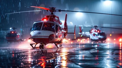Emergency medical services provided by helicopters departing in a strong thunderstorm while drenched from a hospital helipad - obrazy, fototapety, plakaty