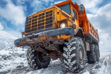 Large Orange Truck Driving Down Snow-Covered Road