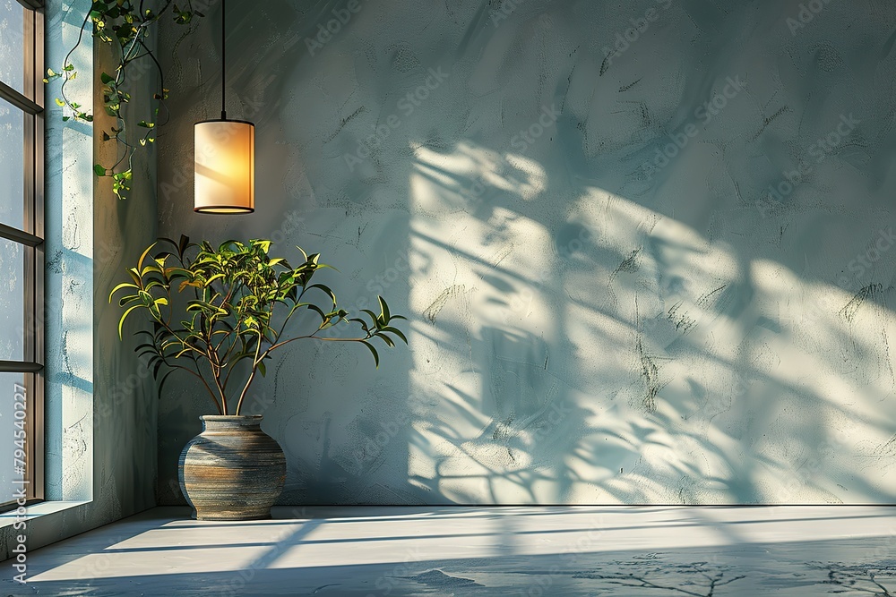 Poster hanging lamp and plant in vase on empty white background 3d rendering copy space for text