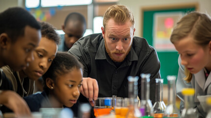 A teacher guiding students through a science experiment. Knowledge, friendship, respect for each other, education