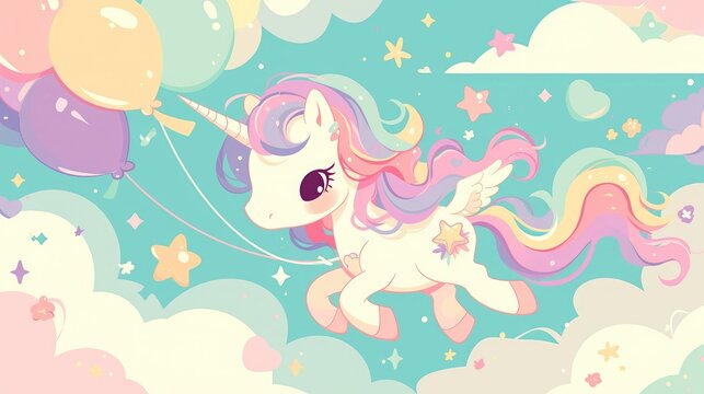 Adorable and whimsical flat unicorn fairy cartoon pony for kids featuring a pastel balloon in a Fairytale Kawaii animals series known as Girly Doodles Ideal for nursery decor greeting cards