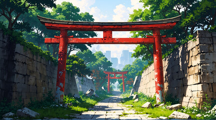 Anime-style illustration art featuring a Japanese red gate, torii gate.