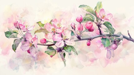 Apple tree branch with a blooming pink blossom in the spring