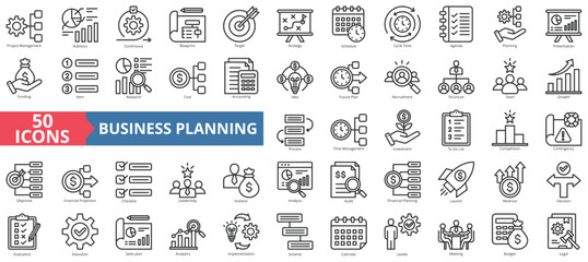 Fototapeta na wymiar Business planning icon collection set. Containing project management, statistics, continuous, blueprint, target, strategy, schedule icon. Simple line vector.