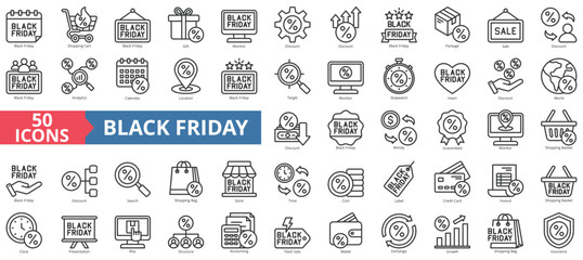 Black friday icon collection set. Containing gift, monitor, discount, sale, analytics, calendar, location icon. Simple line vector.