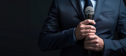 businessman hold microphone for presentation with copyspace 