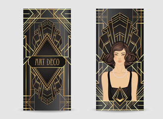 Retro fashion, glamour girl of twenties. Asian pretty woman. Vector illustration. Flapper 20s style. Vintage party invitation design template. Fancy asian lady.