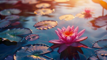 Serene Water Lily at Sunset on Tranquil Pond