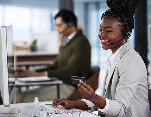 Call center, business and black woman with credit card, smile and payment with ecommerce, professional and employee. African person, agent or consultant with help desk for loan or online transactions