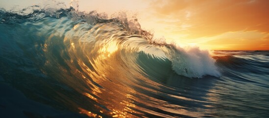 A liquid wave breaks in the ocean under a sunset sky