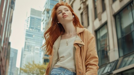 Teen redhead girl in simplistic city street with visible distant skyscrapers appearing confident as she strides forward, engaged in a podcast expressing determination and curiosity.