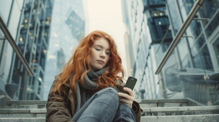 Fototapeta na wymiar Teen redhead girl in spacious urban setting with distant skyscrapers looking curious while sitting on steps, browsing her smartphone feeling intrigued and engaged, styled as high-key with soft focus.