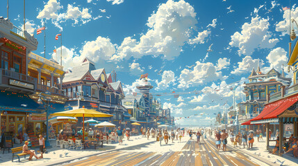 A lively boardwalk filled with shops, arcades, and ice cream parlors, beckoning tourists and locals to soak in the sights and flavors of summer.