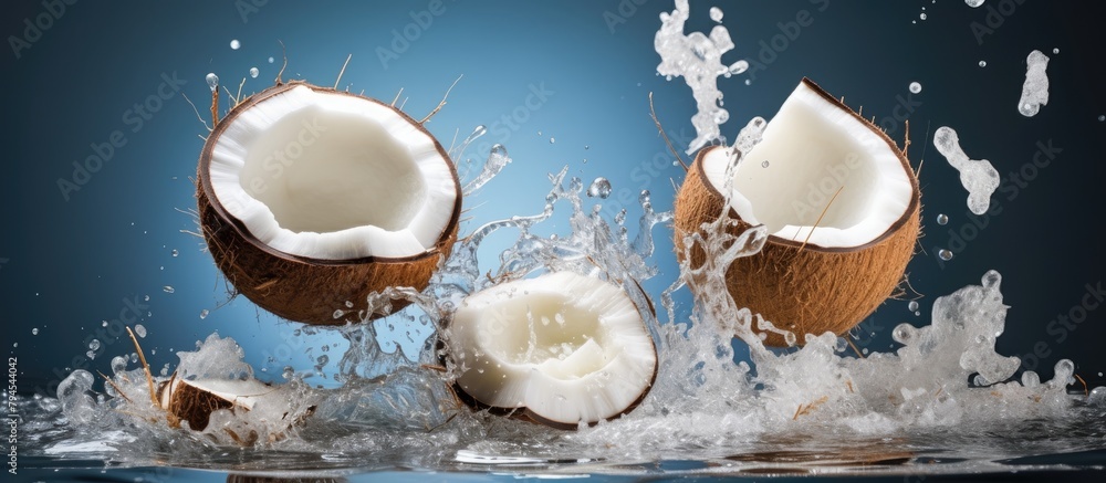 Poster two coconuts splashing in liquid, creating a natural event