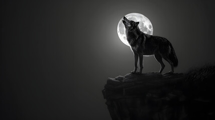 A wolf stood alone on a cliff, howling, with the moon behind him. very detailed and realistic.