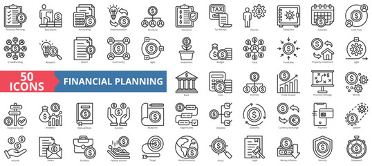 Financial planning icon collection set. Containing retirement, accounting, implementation, structure, insurance, tax receipt, planner icon. Simple line vector.