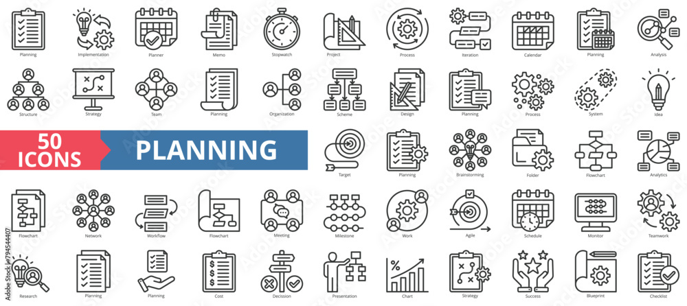 Poster Planning icon collection set. Containing implementation, planner, memo, stopwatch, project, process, iteration icon. Simple line vector.