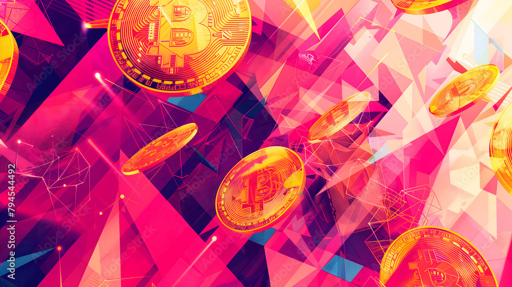 Poster vibrant colorful background golden coins bitcoin abstract geometric pattern, representing the dynami