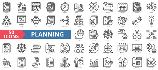 Planning icon collection set. Containing implementation, planner, memo, stopwatch, project, process, iteration icon. Simple line vector. - obrazy, fototapety, plakaty