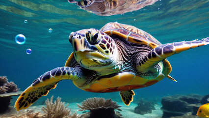 Close-up image of an amphibious turtle wandering underwater