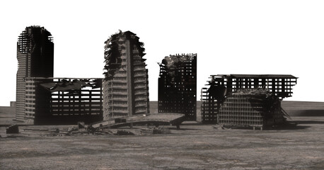 ruins of a modern city after the war on a white background 3d render  illustration